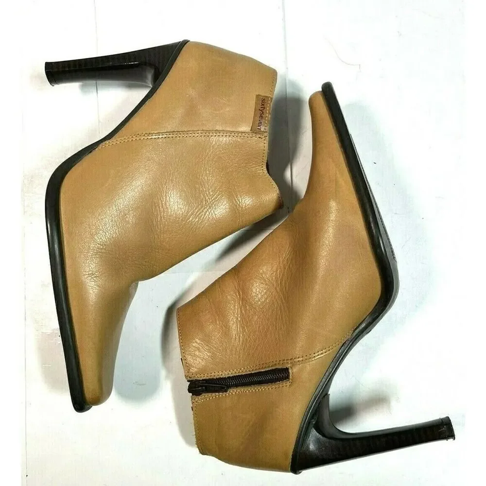Y2K Anthropologie Sixty Seven 67 Tan High Heel Ankle Booties Square Toe Skinny H